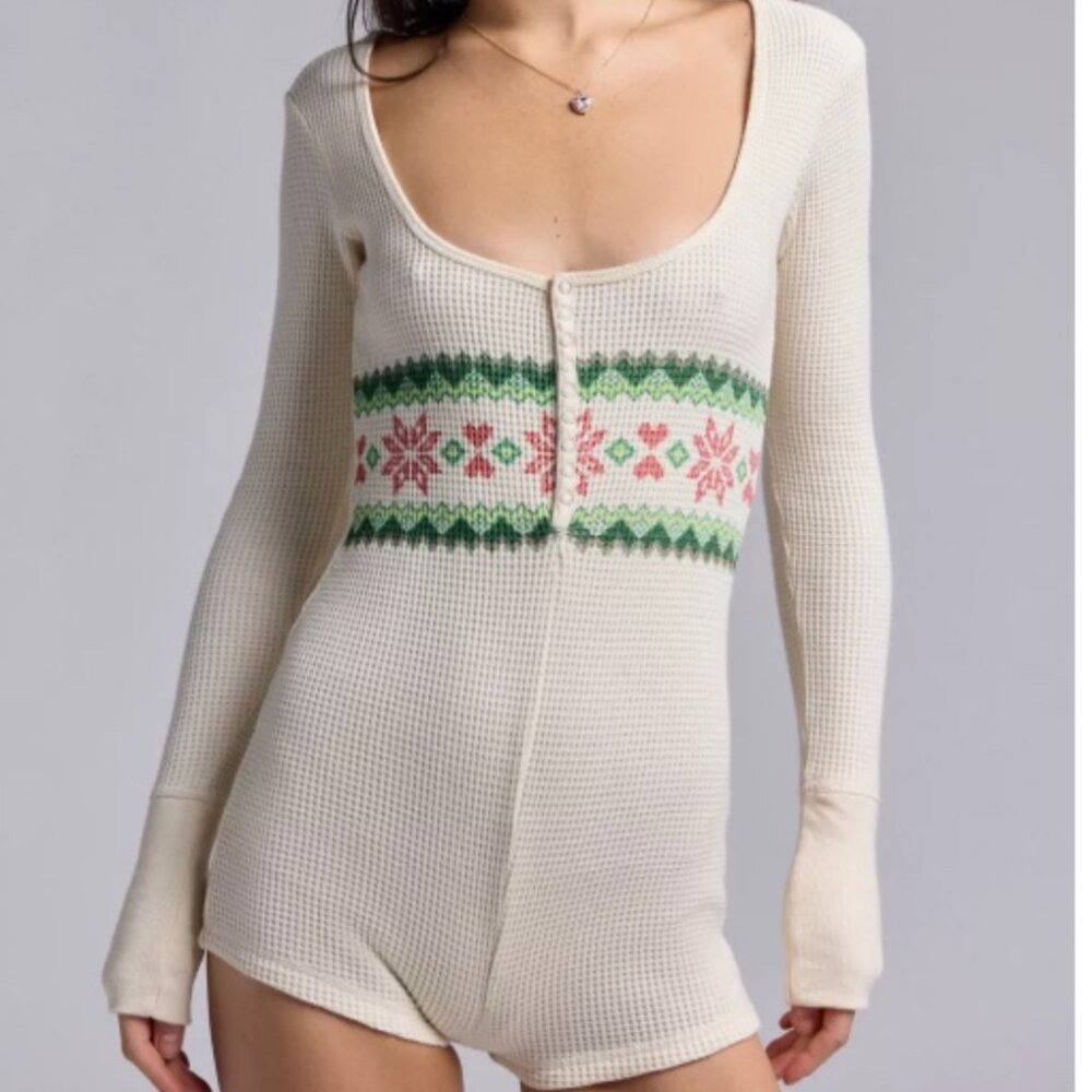 Urban Outfitters: Lounge Around Waffle Knit Fairisle Romper -XL - Cream - Picture 2 of 13